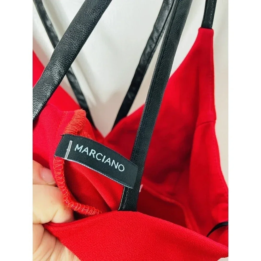 Marciano Strappy Mini Shift Dress Sz M Red Faux Leather Straps Stretch NEW READ